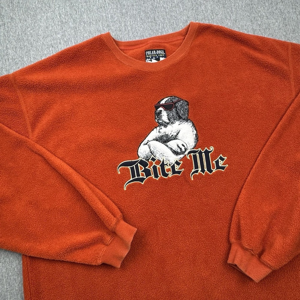 Polar Dogs Big Crewneck Sweatshirt Mens XL Orange Fleece Bite Me Dog Graphic